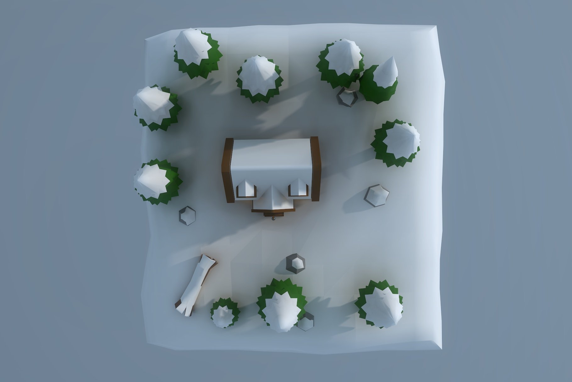 Snowy low poly hut with trees mockup from above.