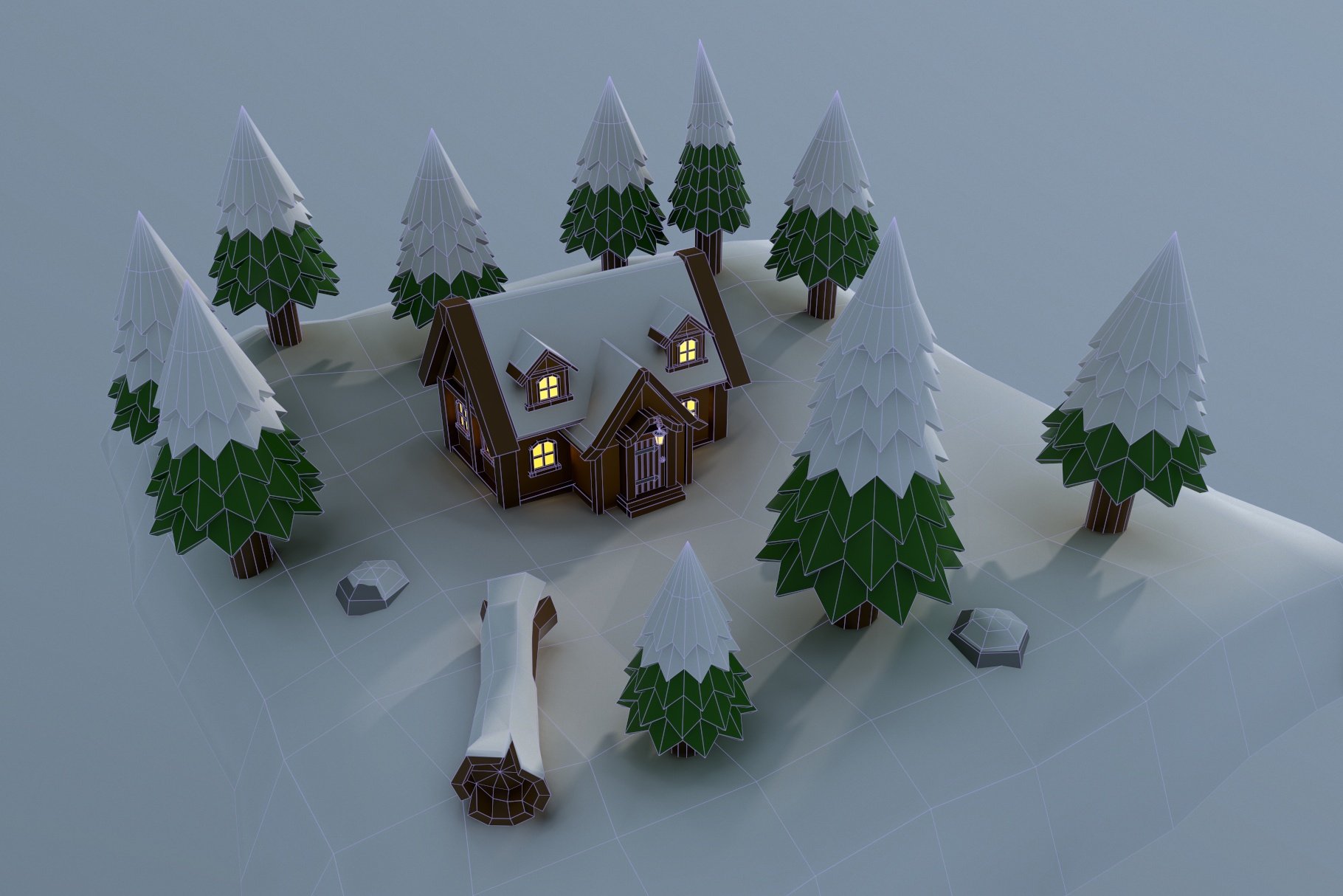 Graphic version of low poly hut mockup.