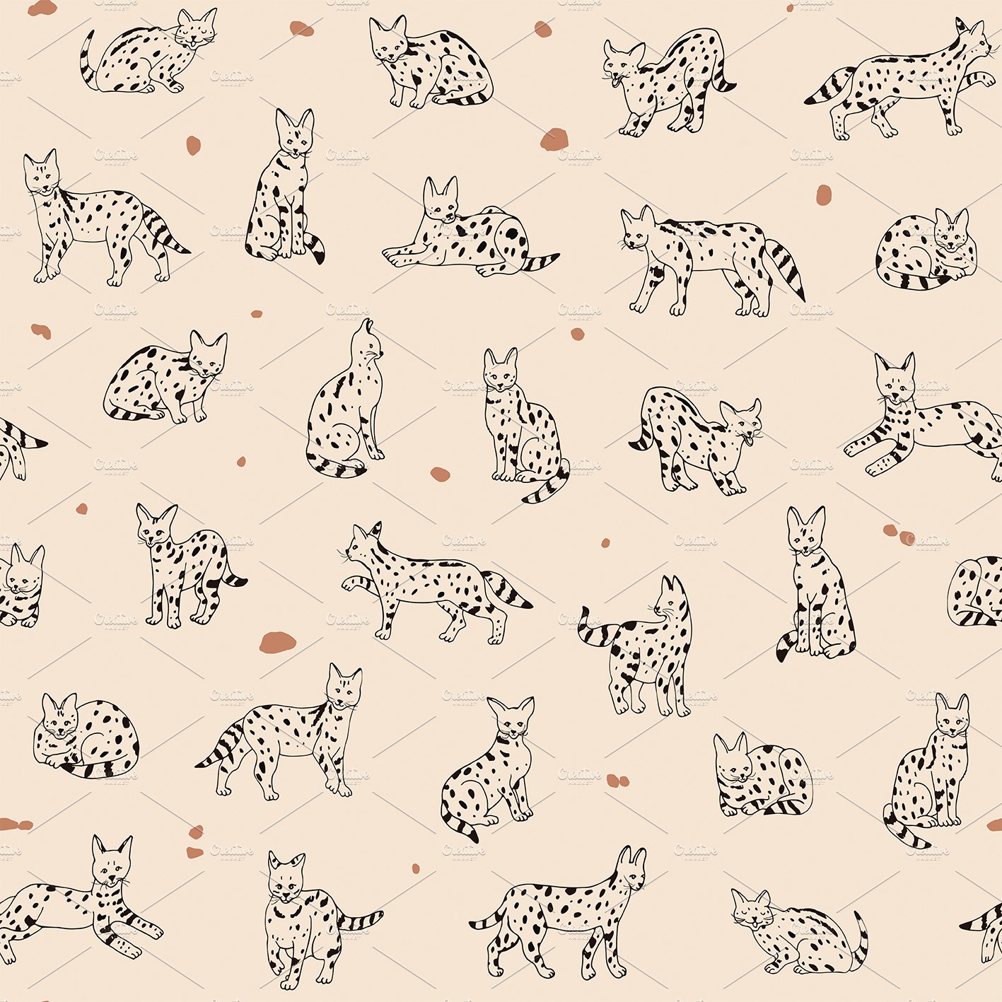 Light beige background with servals in different life situations.