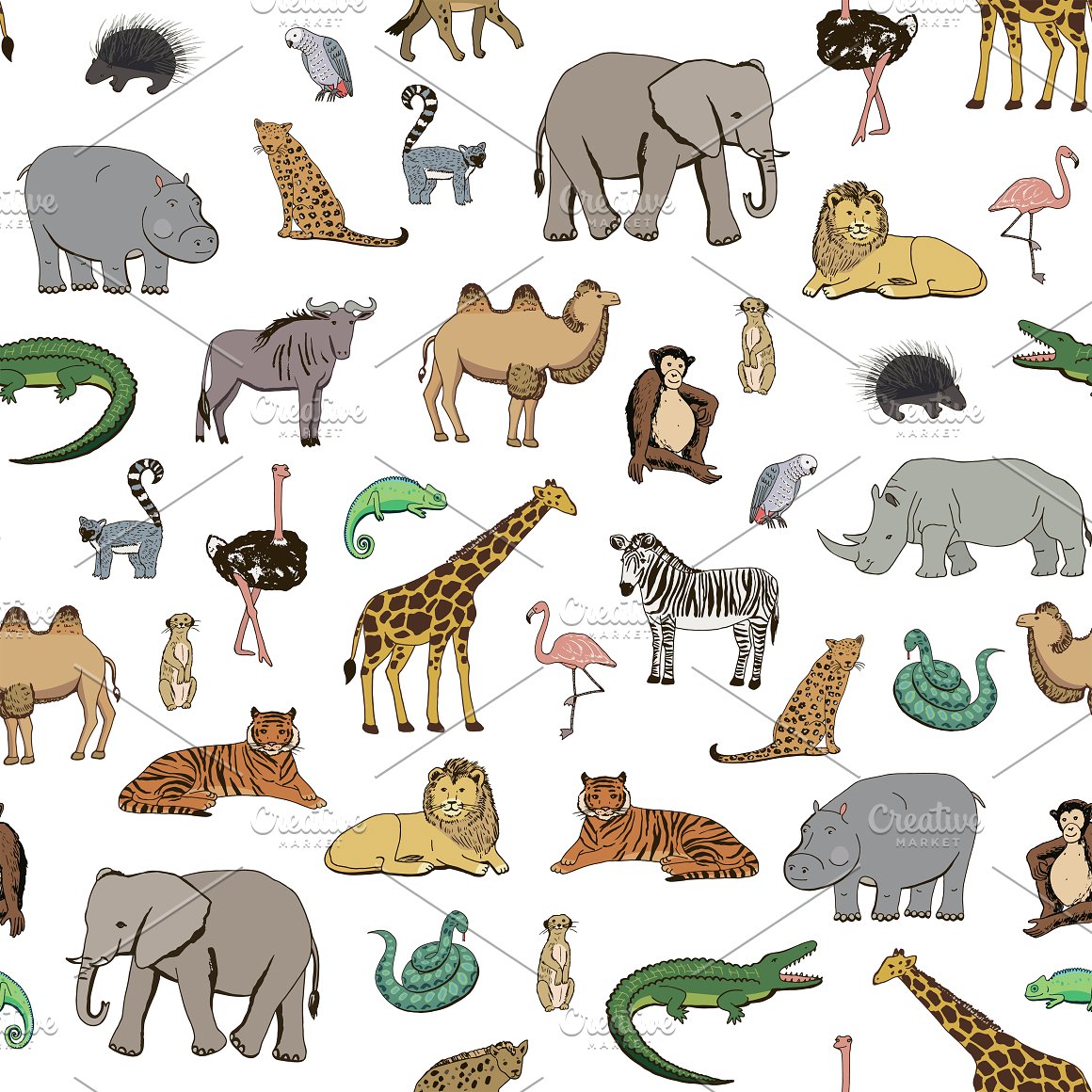 African animals colorful seamless pattern on a white background.