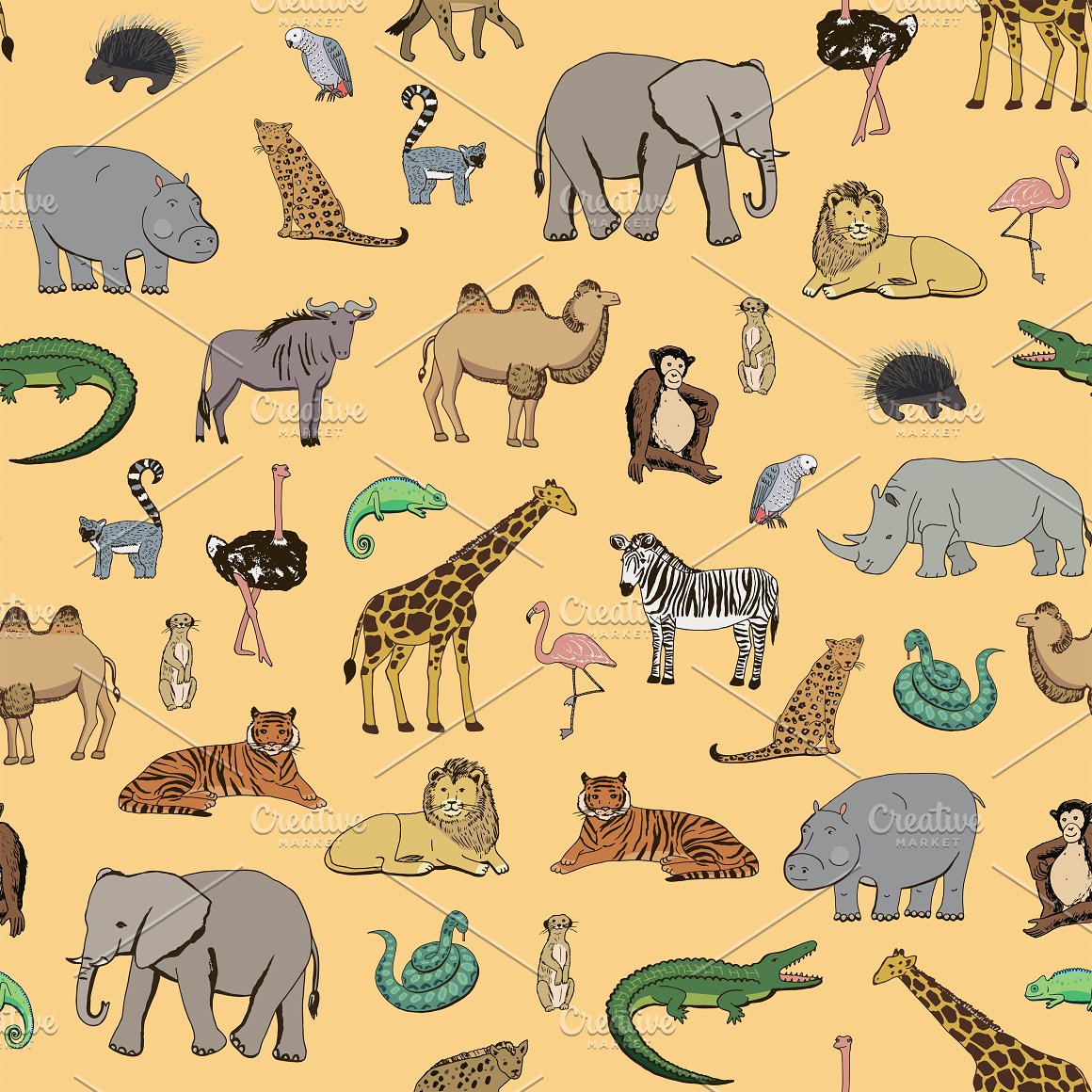 Colorful pattern of african animals on a peach background.