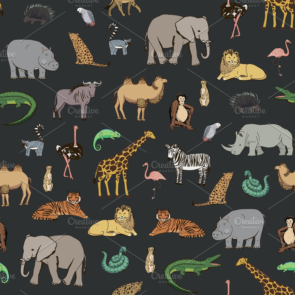 Seamless pattern of different african animals on a black background.