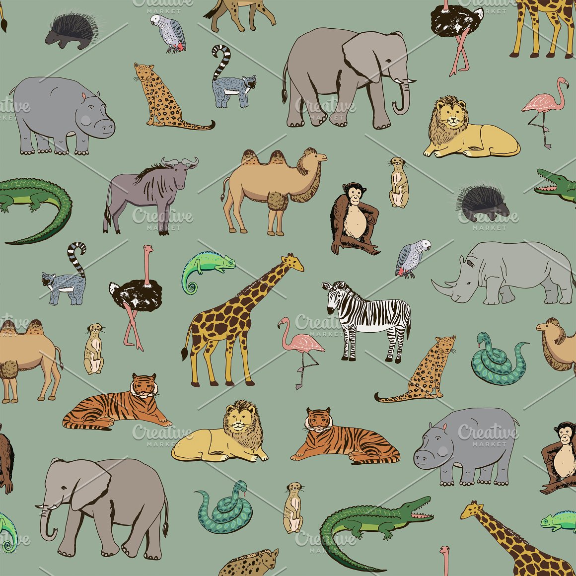 Different color pattern of african animals on a dirty blue background.