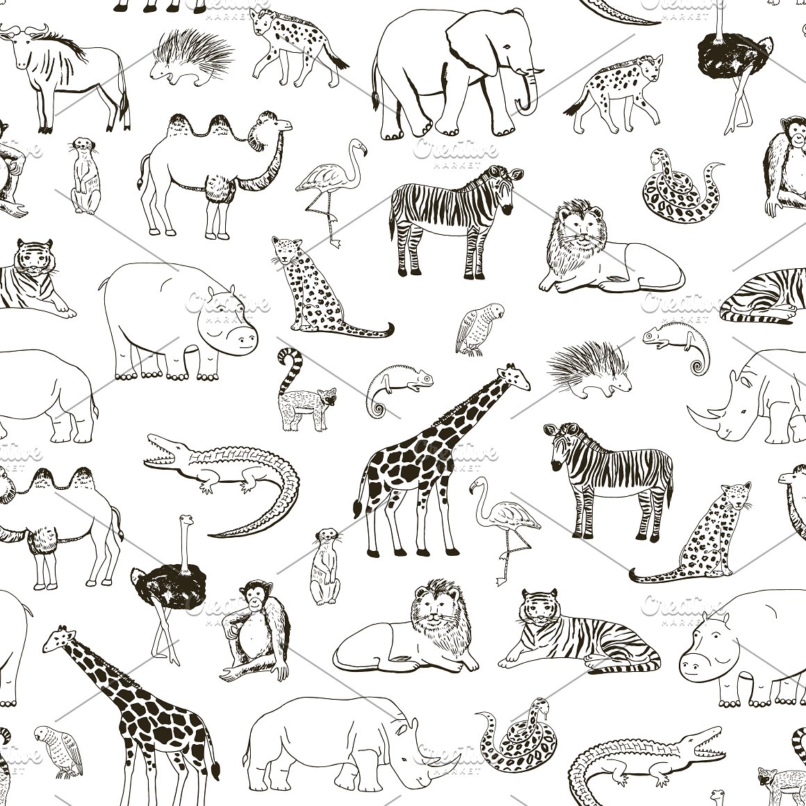 Line seamless pattern of different african animals on a white background.