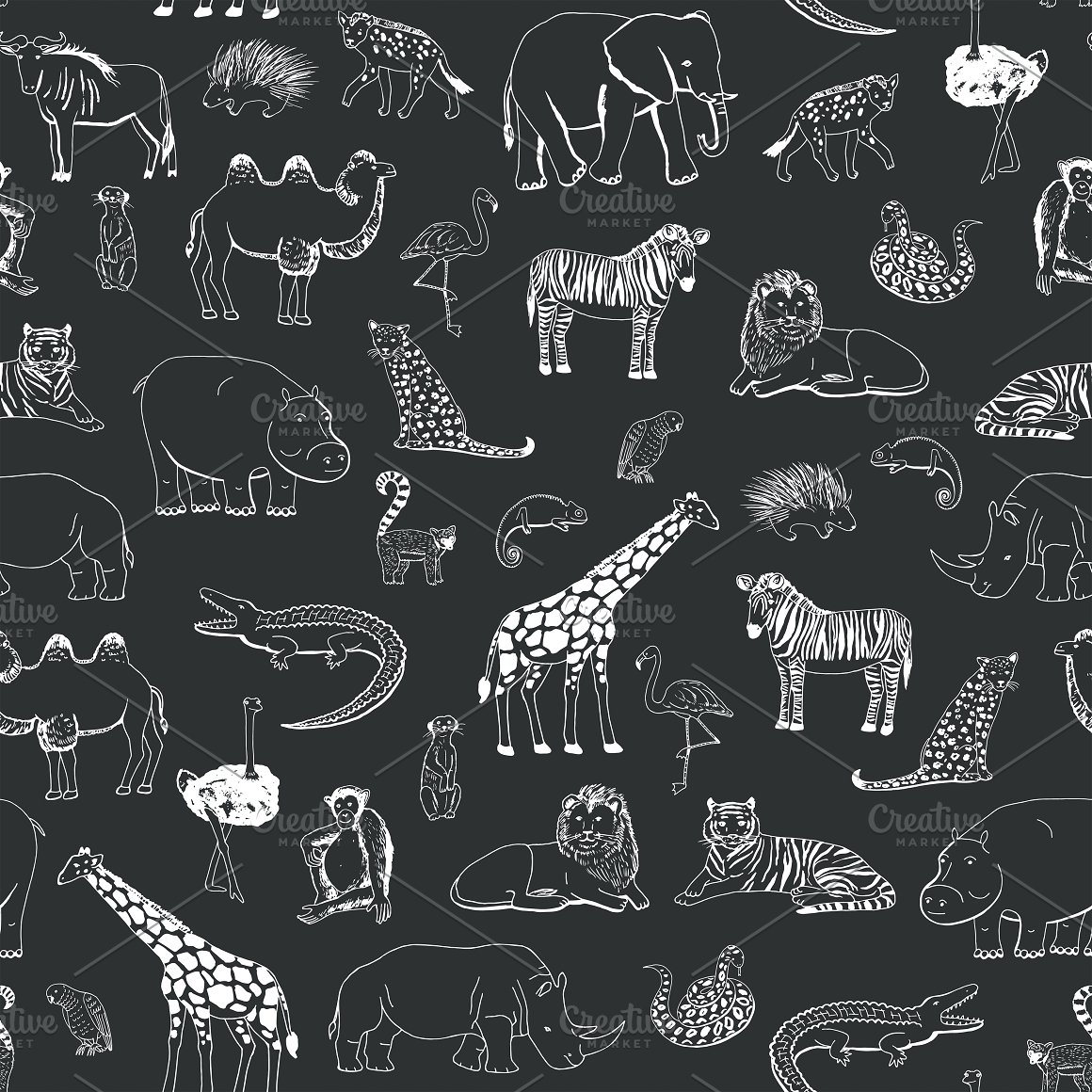 Pattern in line art of different animals on a black background.