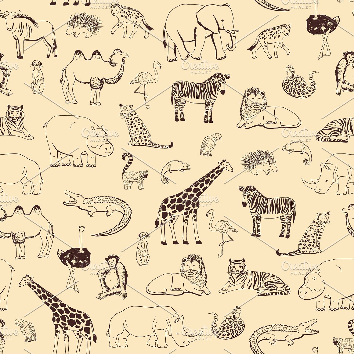 Brown seamless pattern line with animals on a peach background.