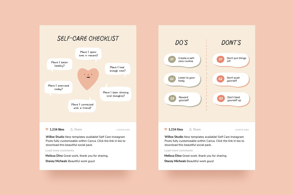 2 self care checklist in the Instagram on a pink background.