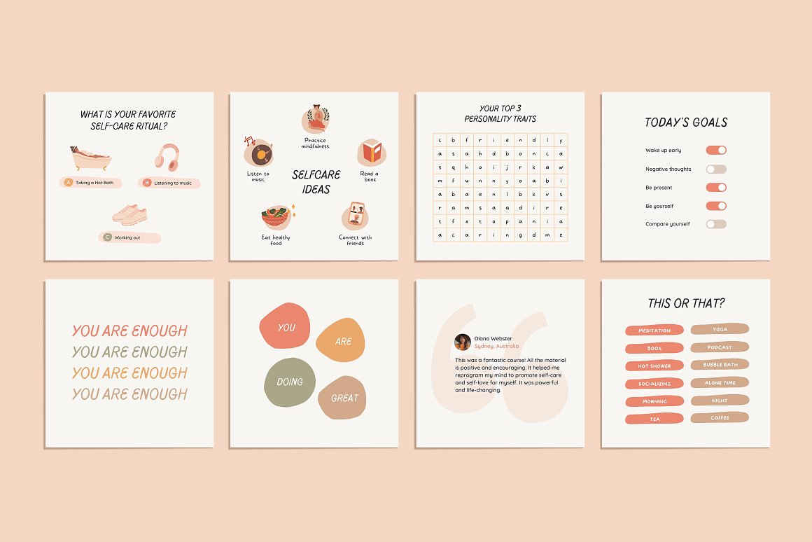 8 different self-care Instagram templates on a pink background.