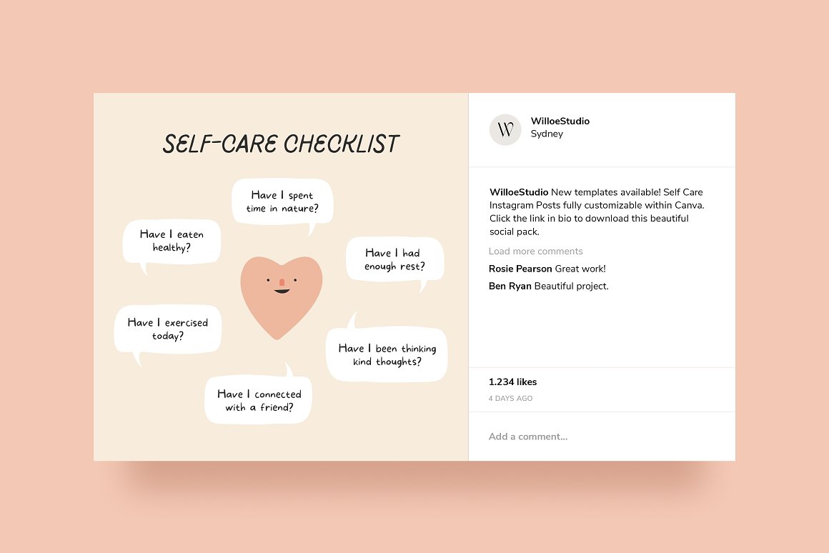 Self care post by Willoe Studio in the Instagram on a pink background.