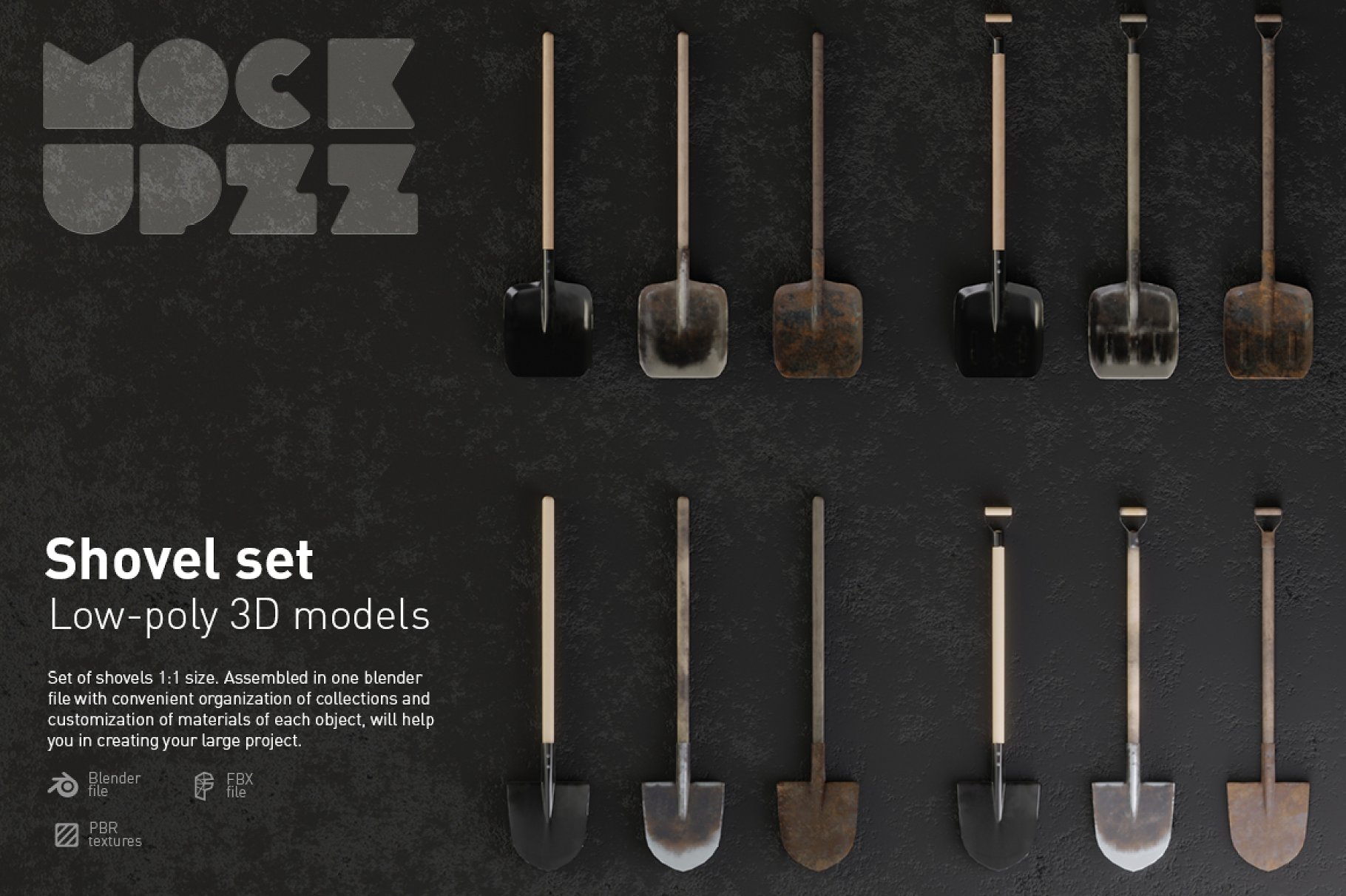 White lettering "Shovel set" and 12 different shovels.