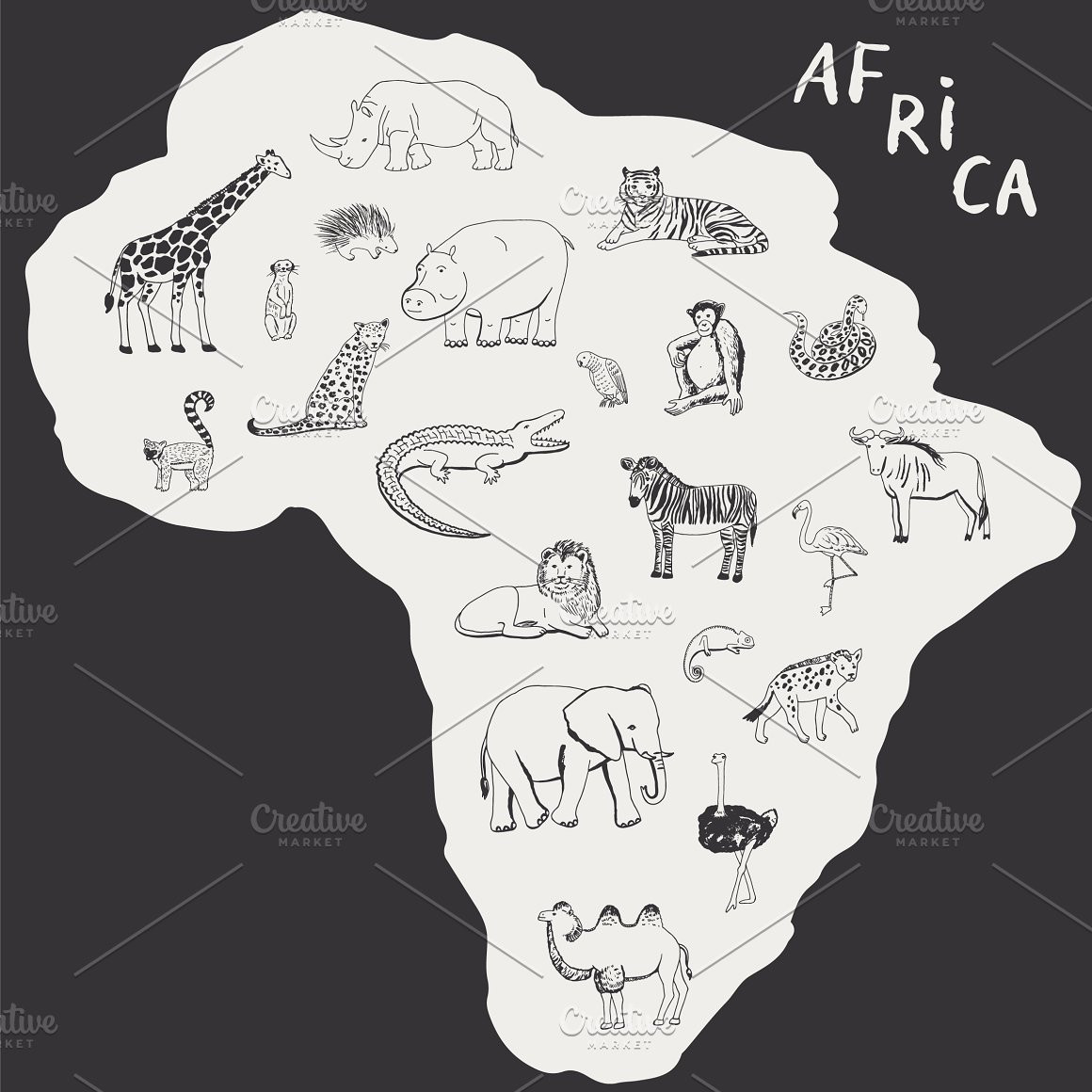 Gray map of Africa with animals on a black background