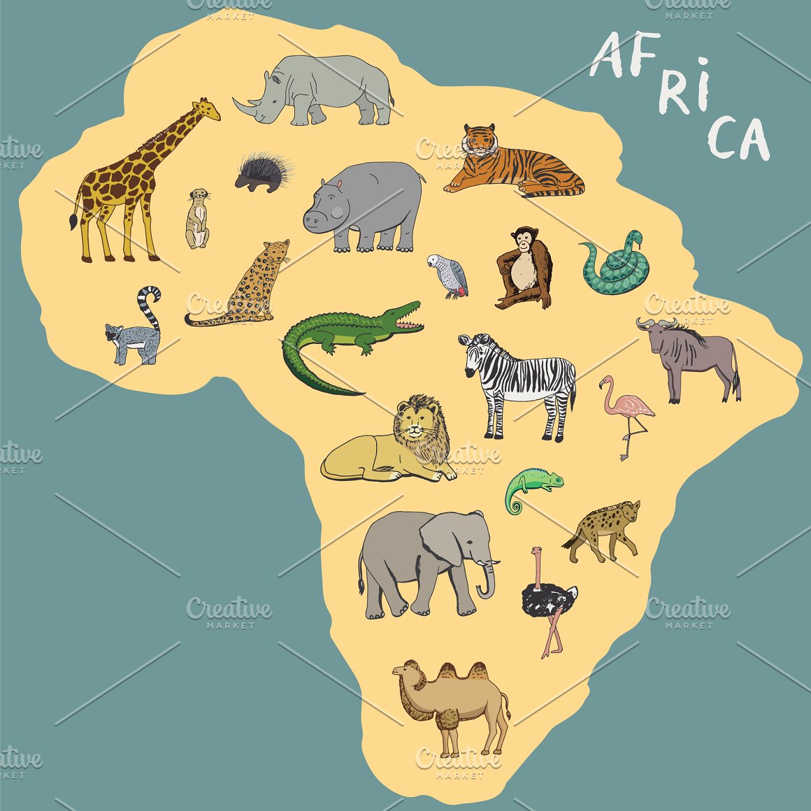 Peach map of Africa with colorful animals on a dirty blue background
