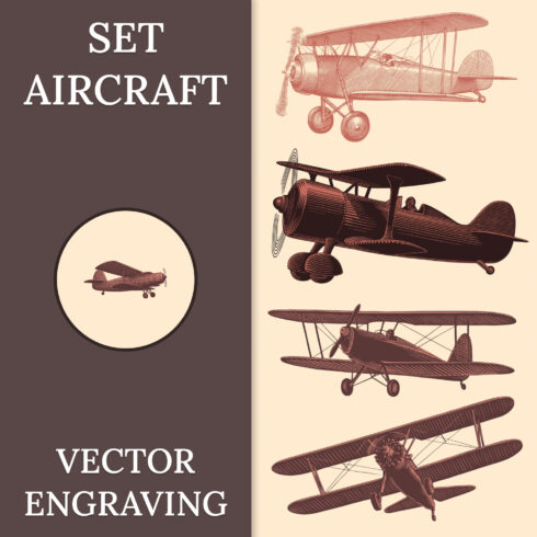 Set Aircraft. Vector engraving.