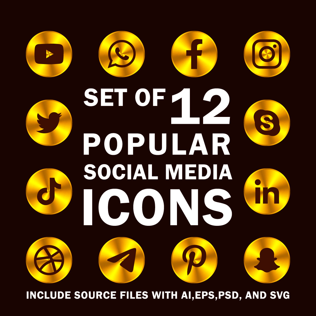Set of 12 Popular Social Media Icons Luxury Golden Circles cover image.