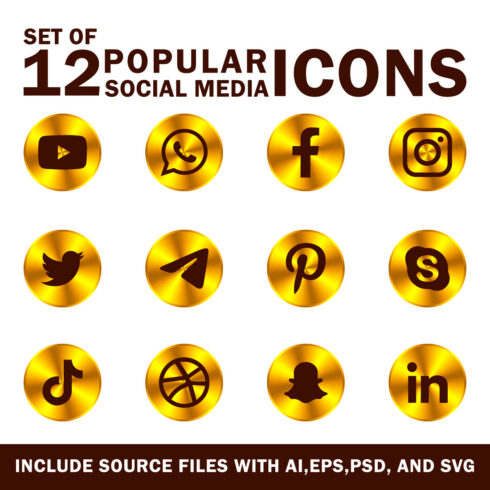 Set of 12 Popular Social Media Icons Luxury Golden Circles.