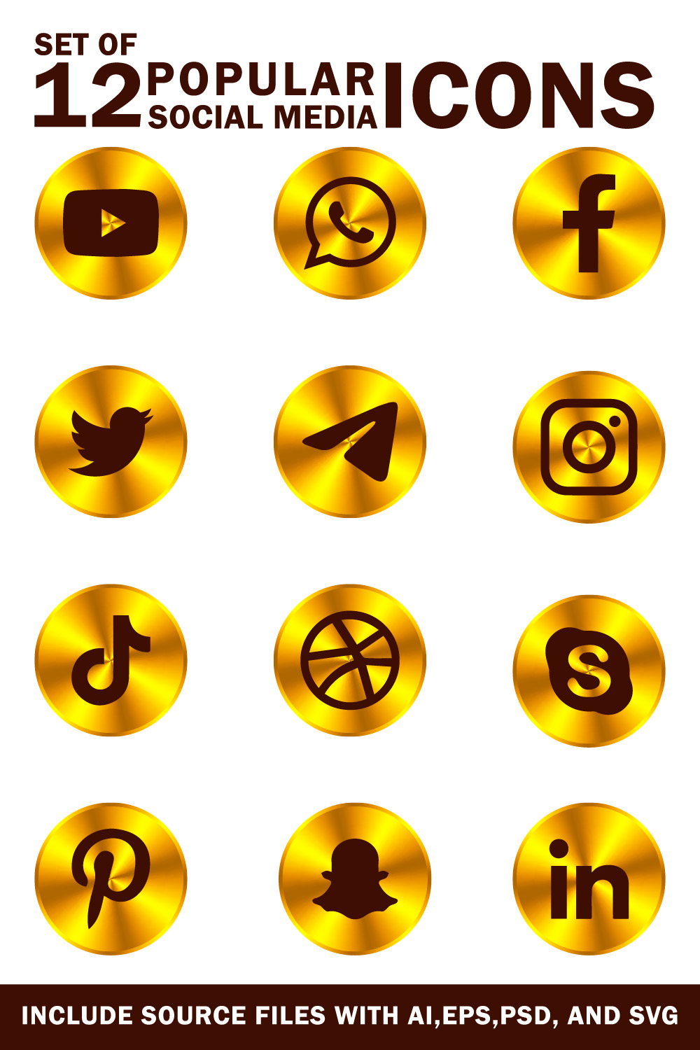 set of 12 popular social media icons luxury golden circles 619