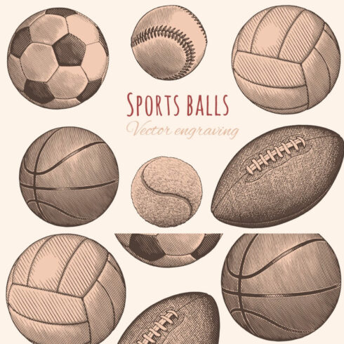Set Sports balls. Vector engraving.