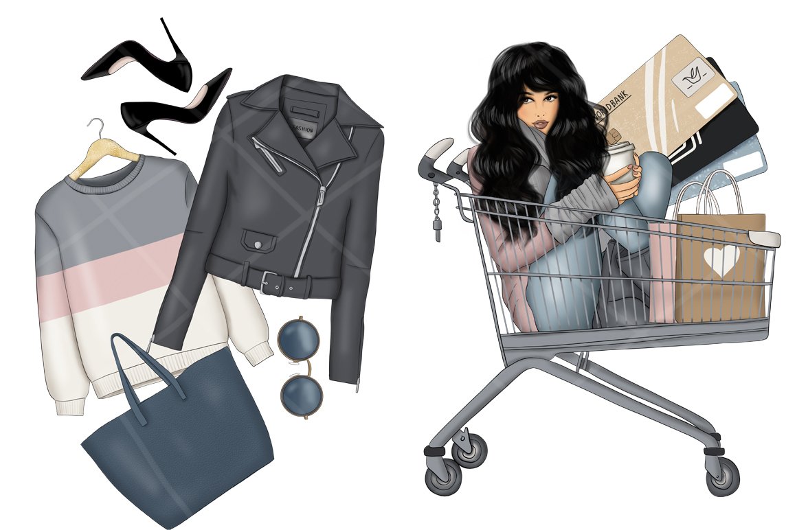 2 watercolor illustrations of clothes and girl in cart on a white background.