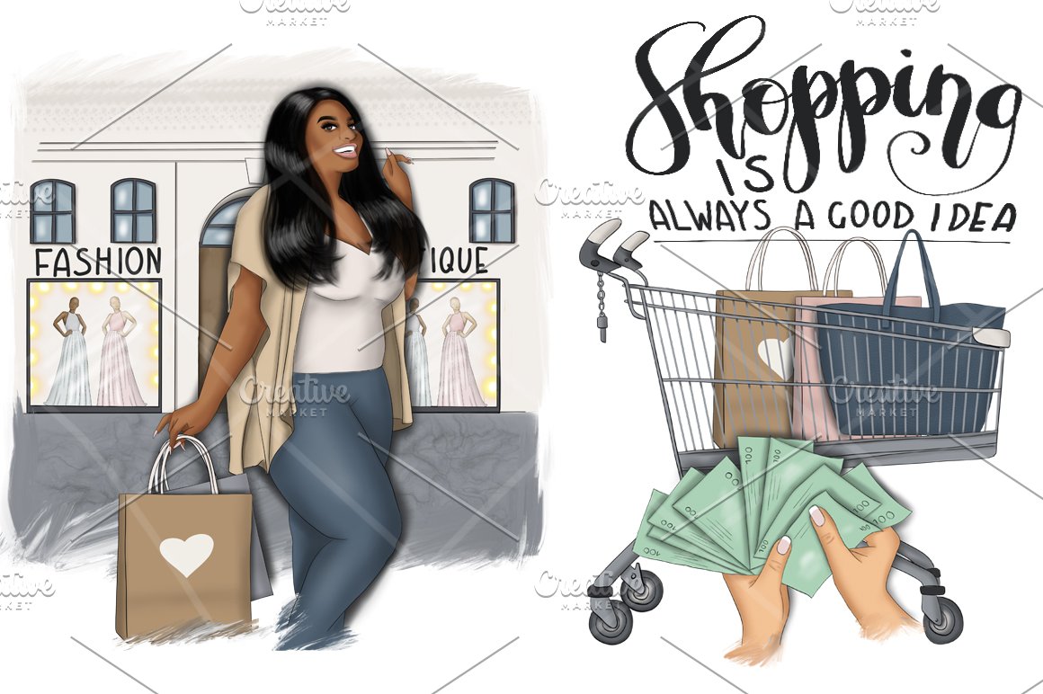 Illustration of a girl, who does the shopping and shopping cart.