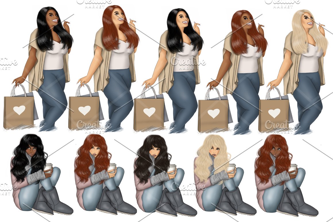 A set of different illustrations of shopping girls on a white background.
