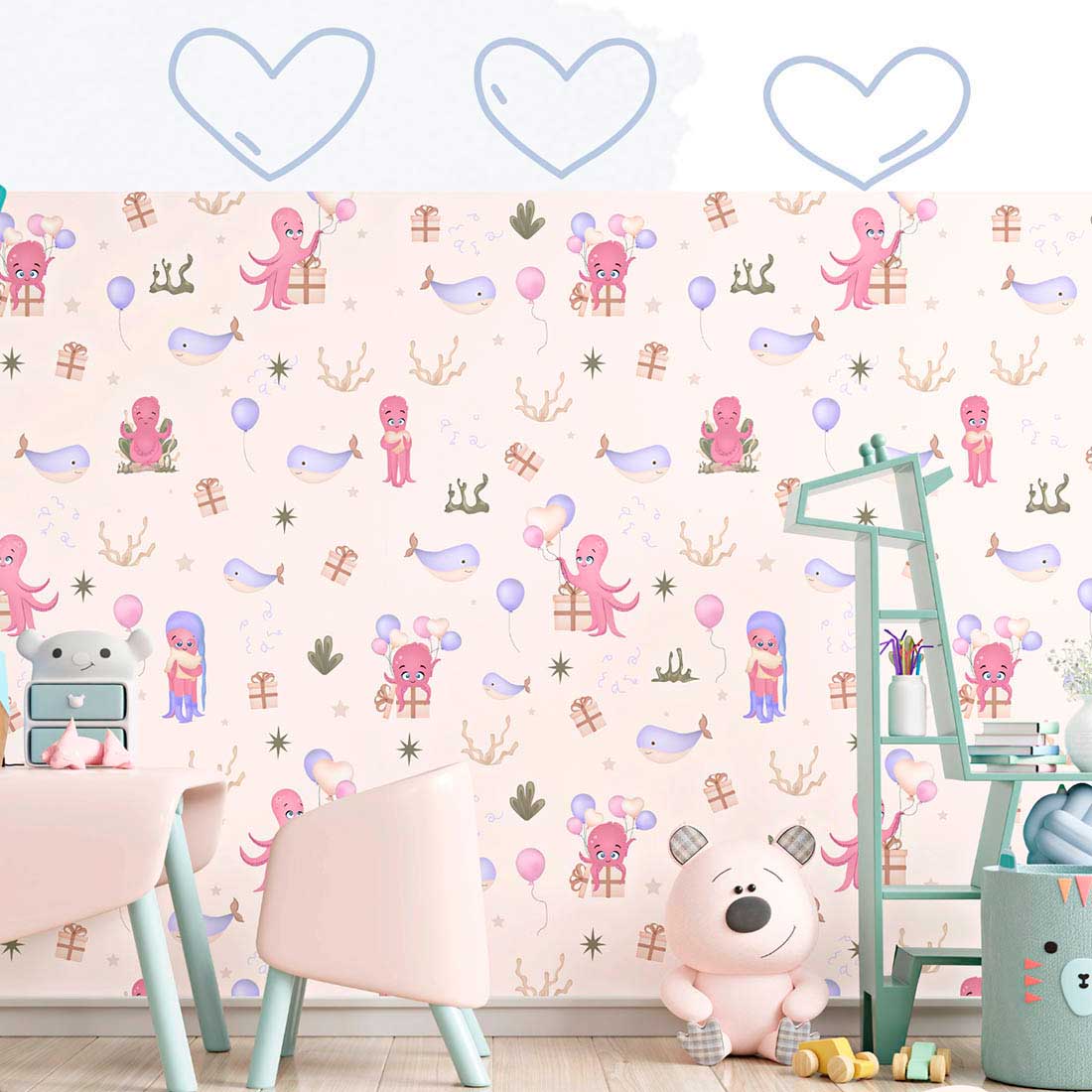 Image of wall wallpaper with irresistible patterns with cartoon octopus.