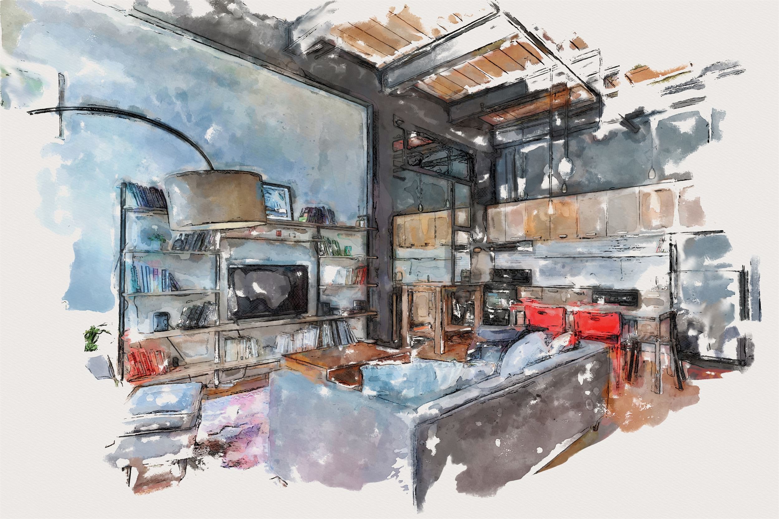 Watercolor Sketch Photo Effect - interior design example.