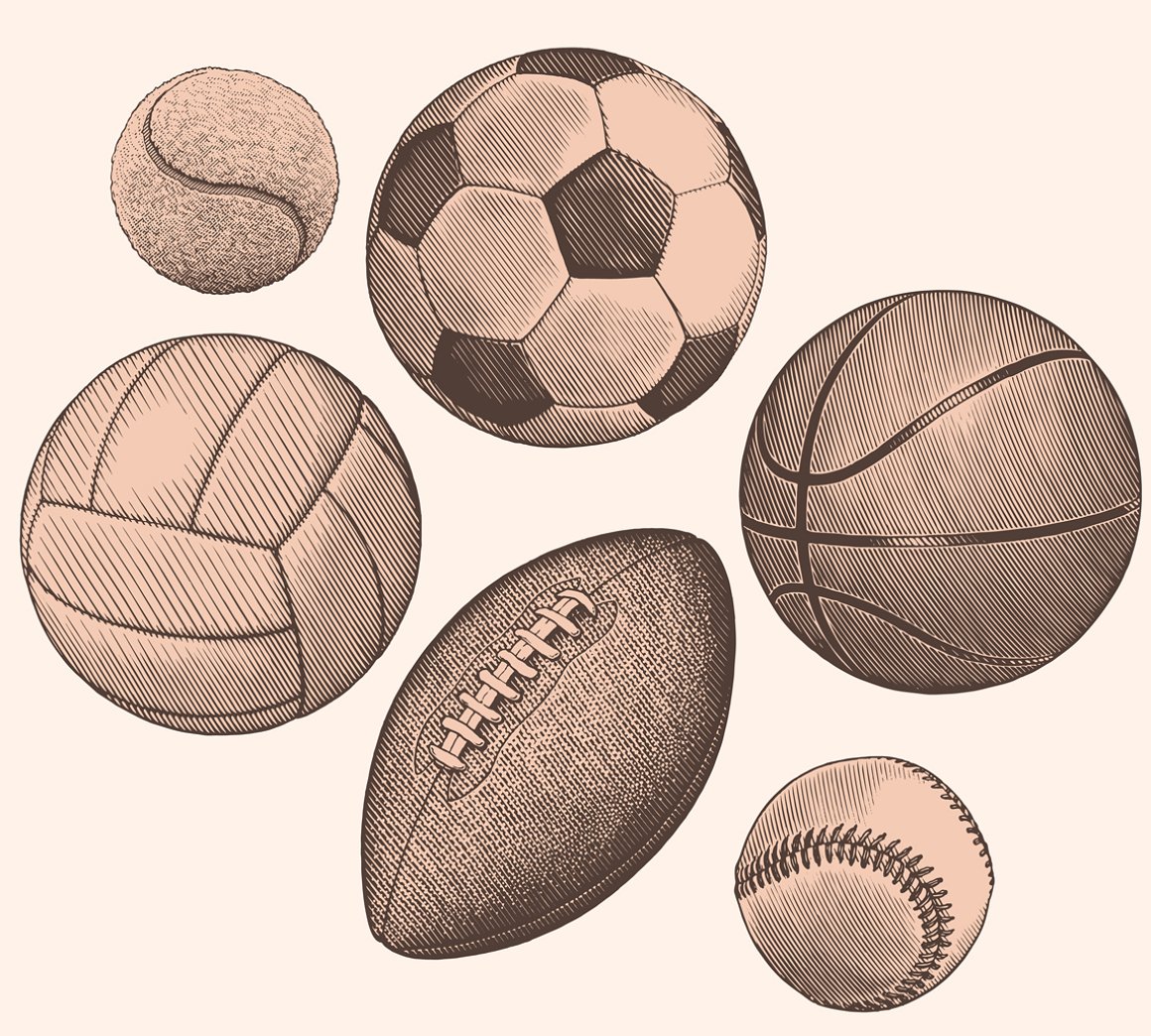 Diverse of vintage sports balls.
