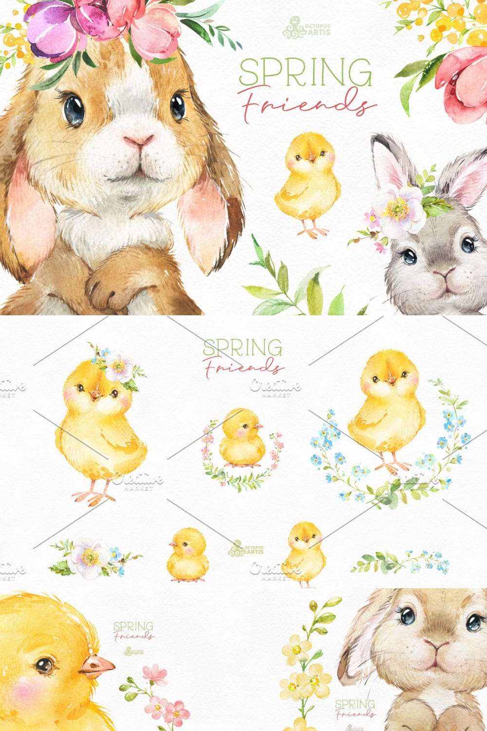 Spring Friends. Watercolor Set - pinterest image preview.