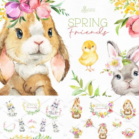Spring Friends. Watercolor Set - main image preview.