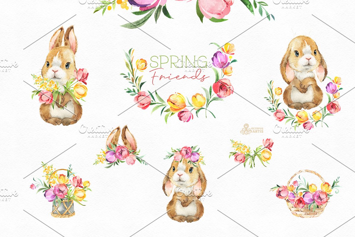 Spring Friends. Watercolor Set created by OctopusArtis.