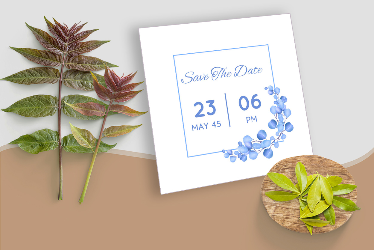 Blue Wedding Invitation Card Vector mockup example.