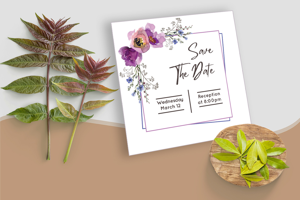 Mockup image example with Wedding Card Template with Purple Floral.