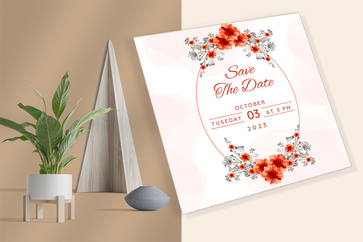 Beautiful Orange Flower Wedding Invitation Card mockup preview.