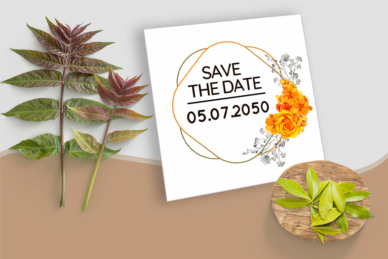 Cool minimalistic wedding invitation with orange flowers.