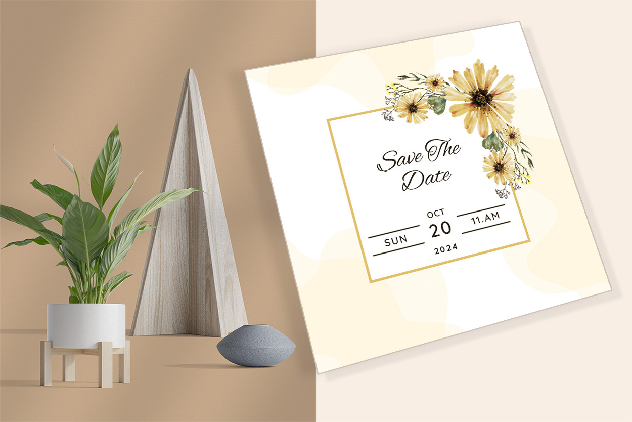 Camomile Yellow Wedding Card Design preview image.