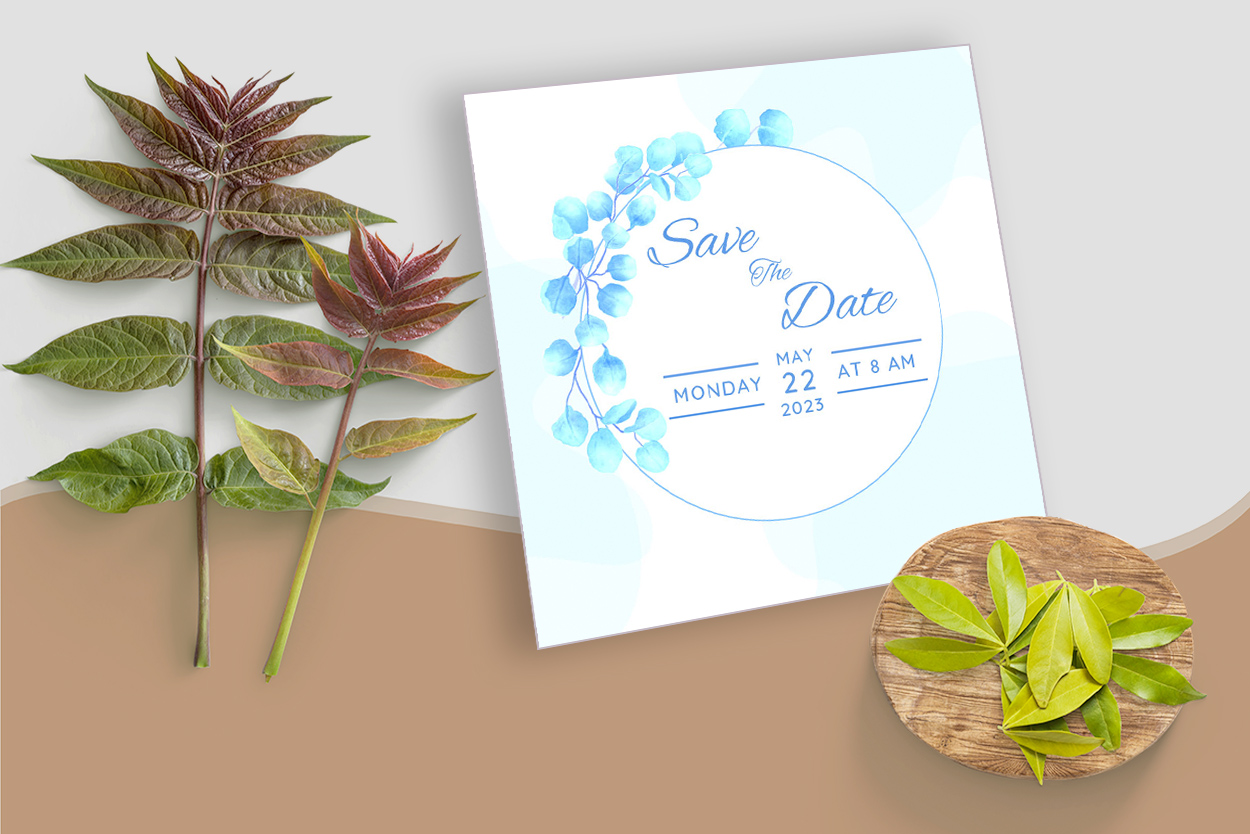 Watercolor Blue Floral Wedding Card Design mockup image example.