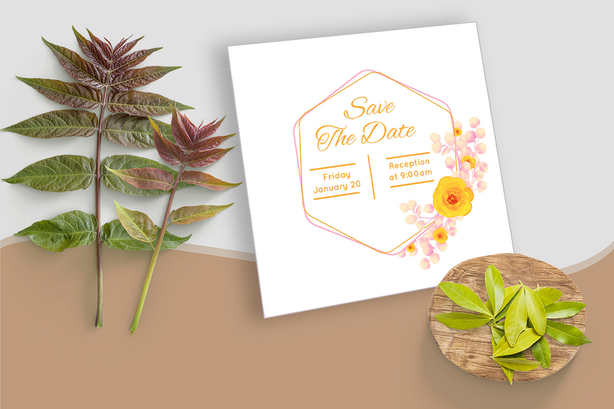 Save the Date Yellow Floral and Watercolor Leaf Wedding Card preview.