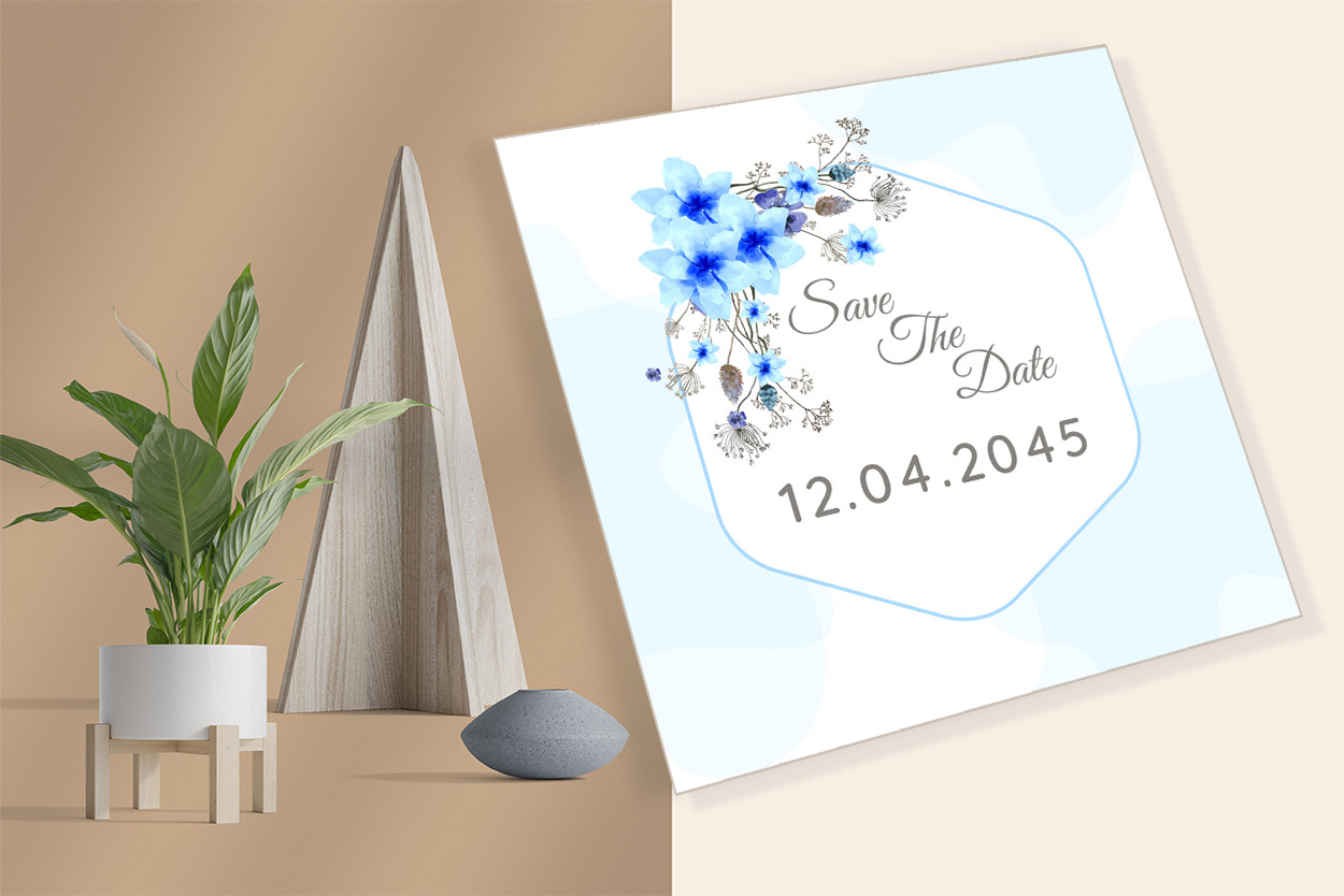 Blue Floral Wedding Invitation Card Template mockup image preview.