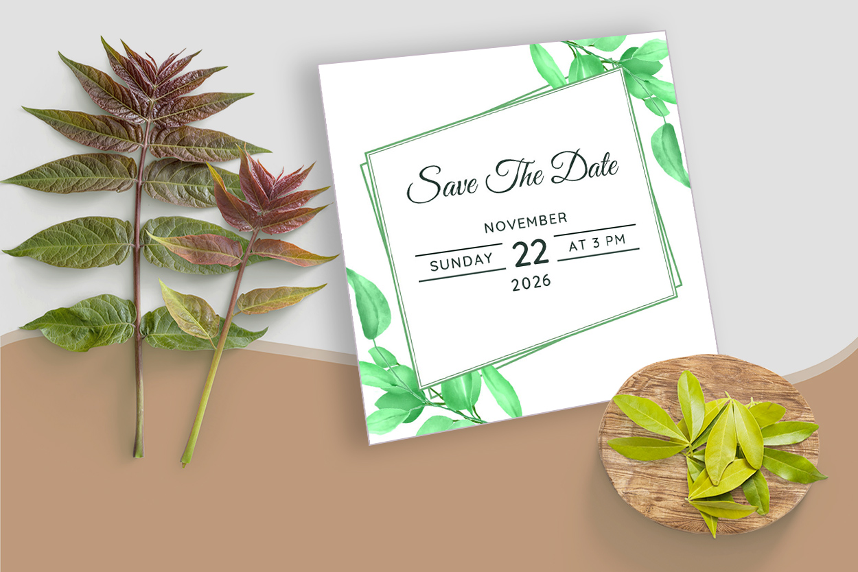 Geometric Wedding Card with Leaf Design mockup example.