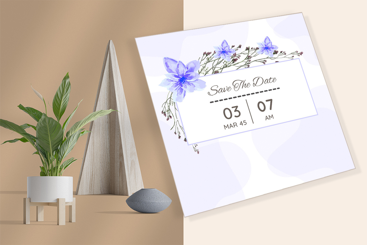 Image of gorgeous wedding invitation with watercolor blue flowers.