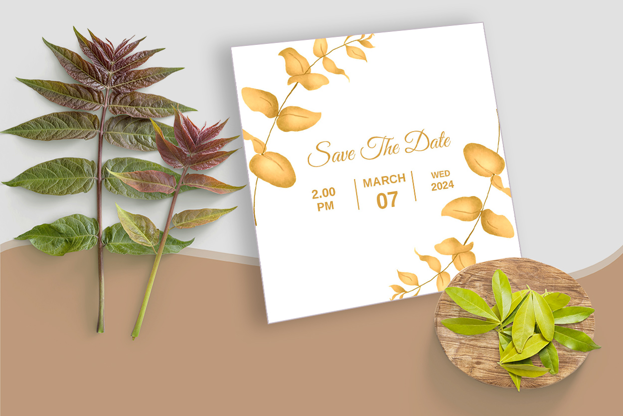 Mockup preview with Orange Сolor Leaves With Wedding Card Design.