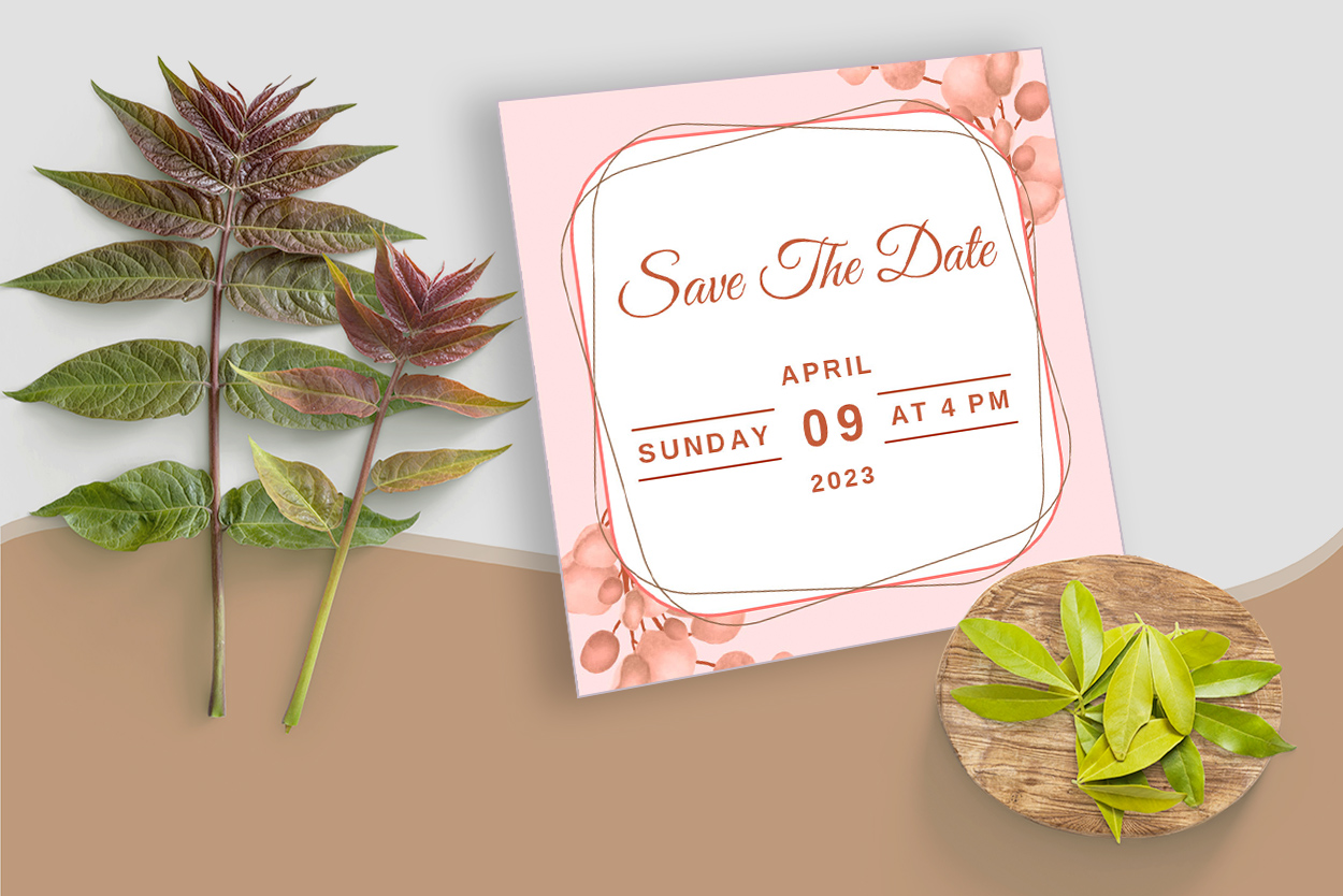 Mockup image with Orange Watercolor Leaf Wedding Card Design.