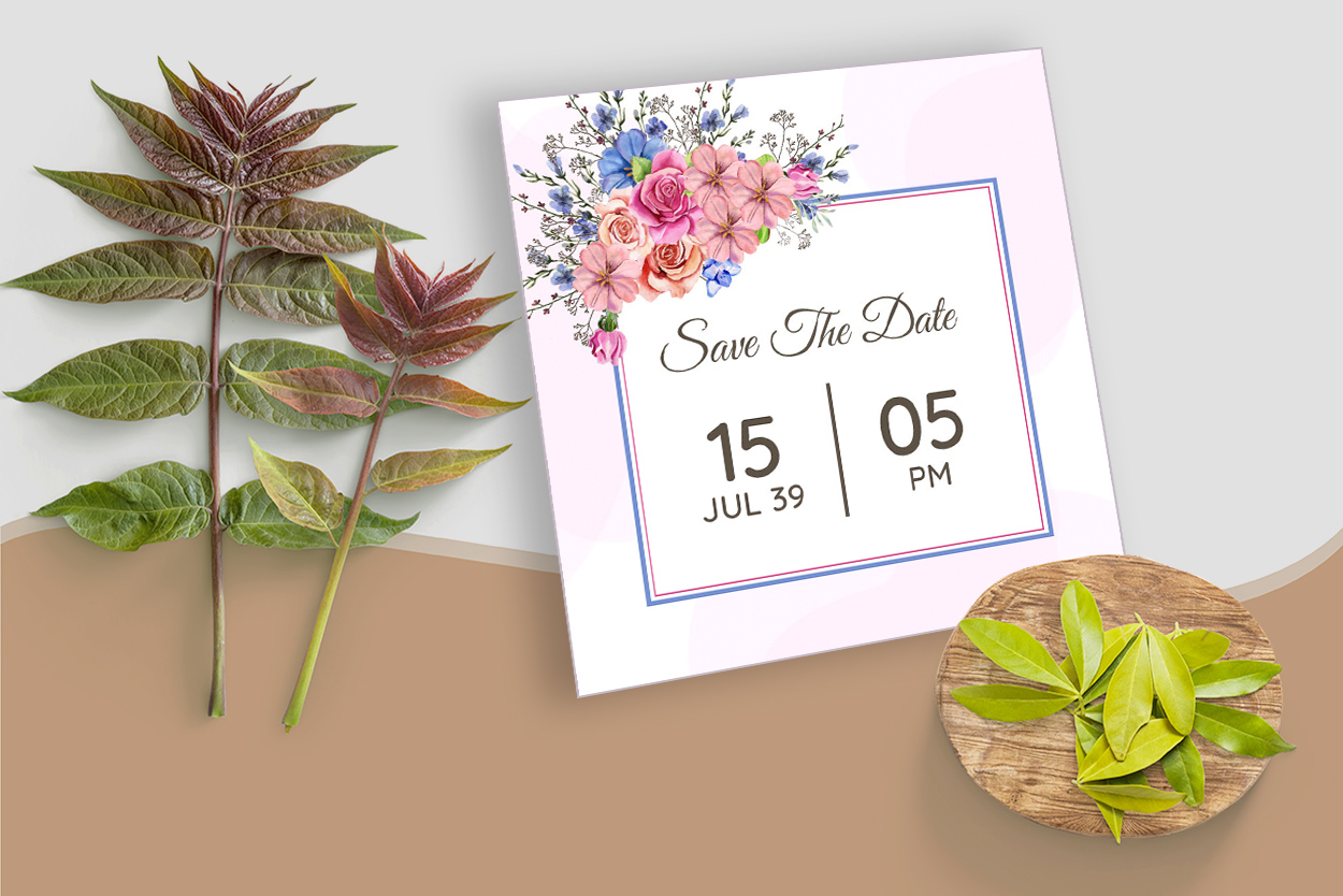 Blue and Pink Floral Wedding Card Design Save the Date preview.