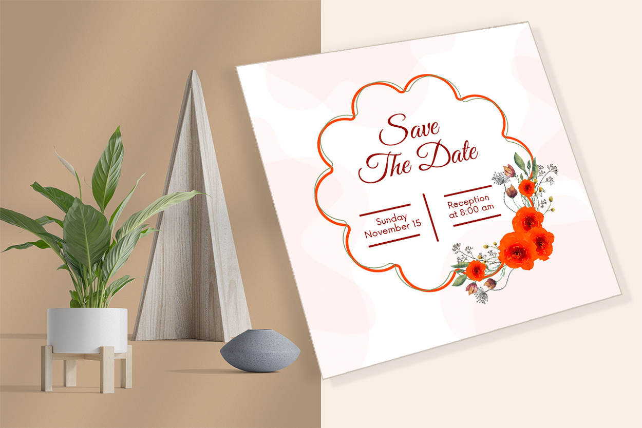 Image of enchanting wedding invitation with watercolor orange roses.