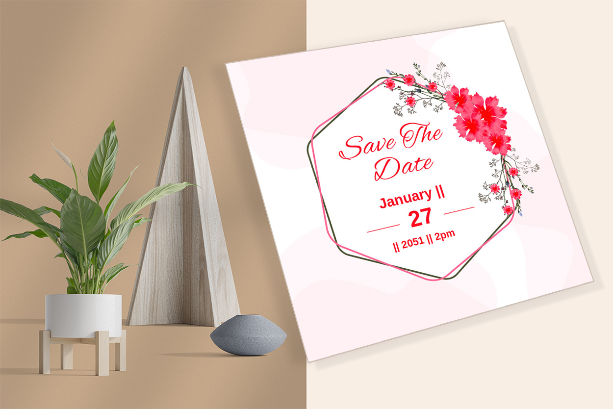 Image of charming wedding invitation with hibiscus flowers.