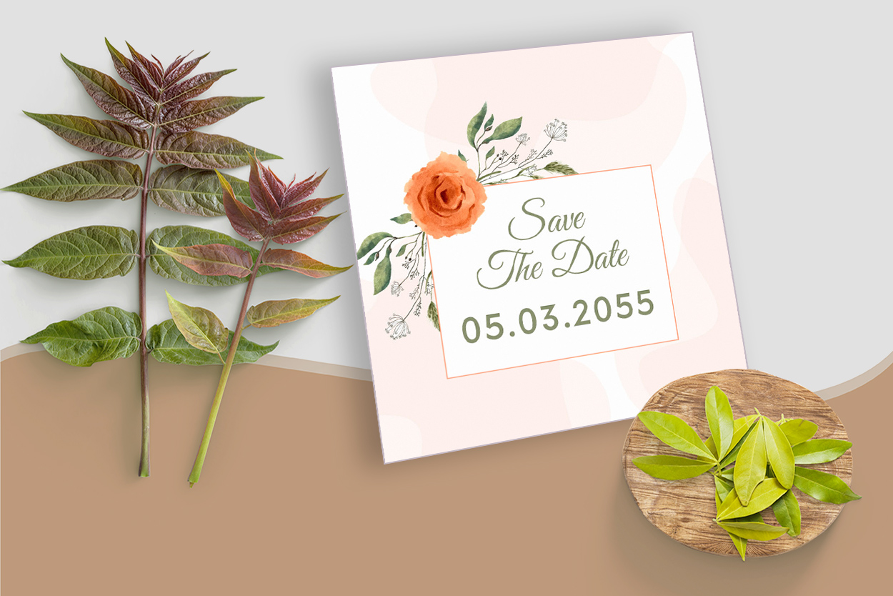 Beautiful Wedding Card with Watercolor Flowers Mockup image.