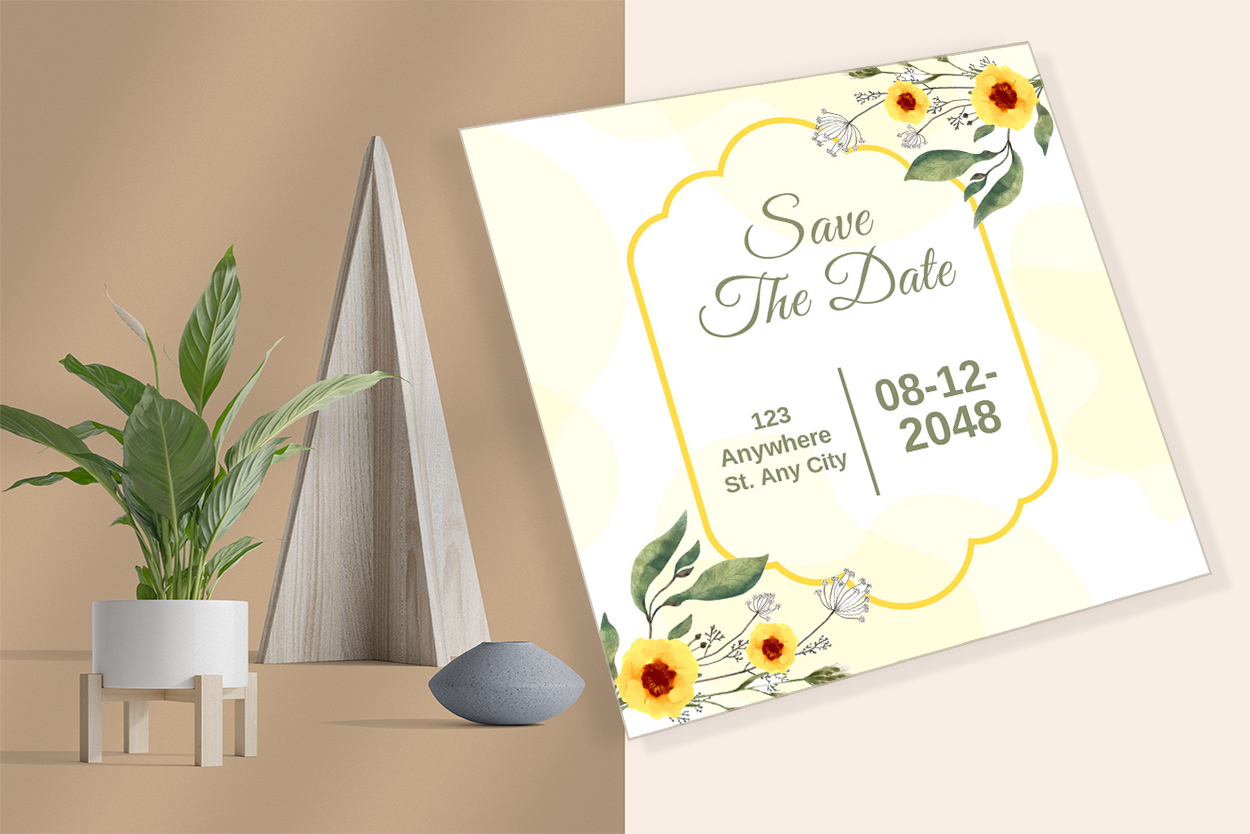 Image of a wonderful wedding invitation with yellow flowers.