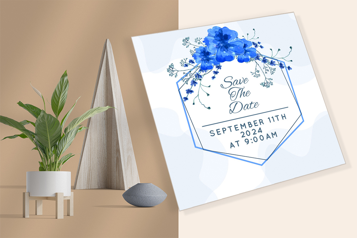 Blue Floral Happy Wedding Invitation Template for your events.