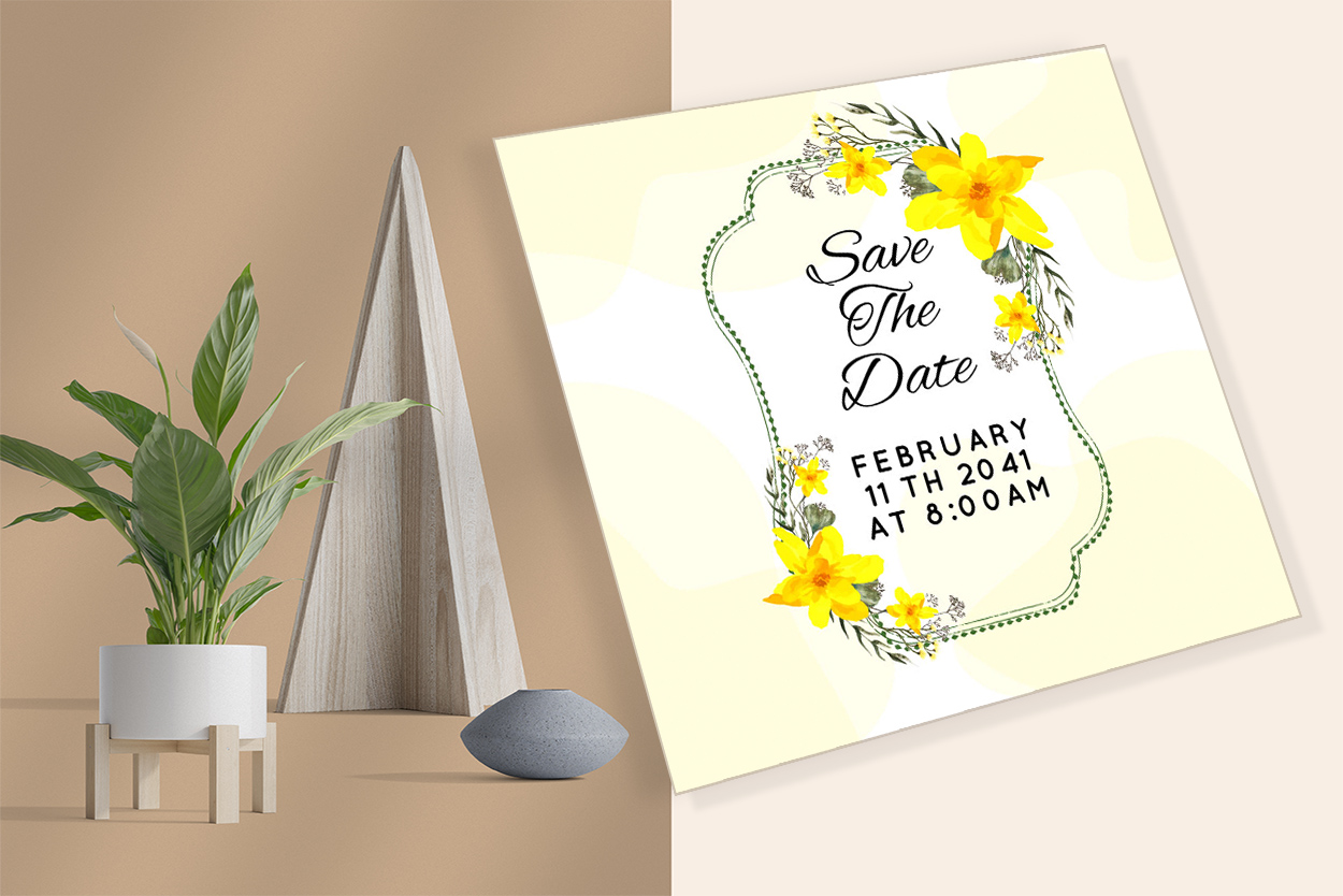 Image of amazing wedding invitation with yellow flowers.