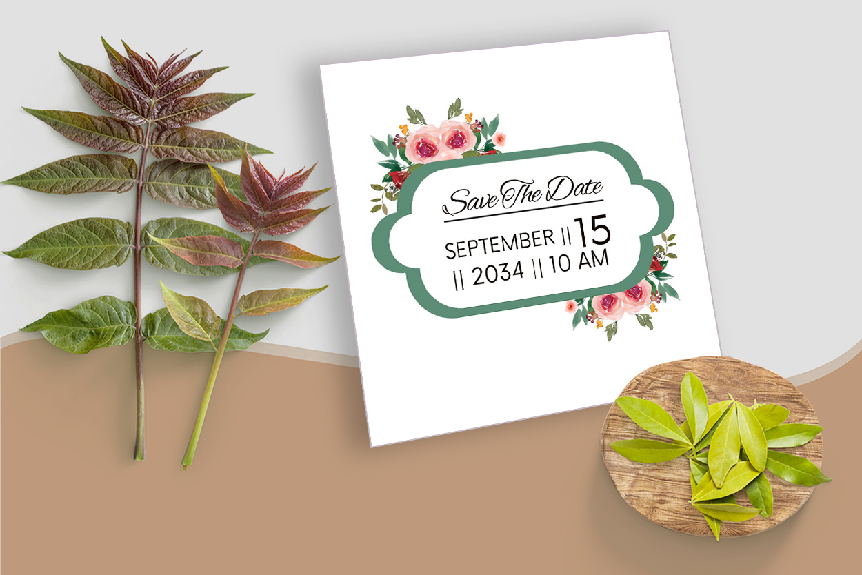 Green Frame Rose Floral Wedding Card mockup example.